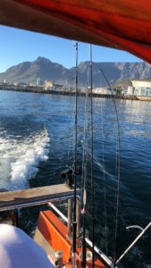 rear view from a boat, showcasing the wake in the water. Two fishing rods are mounted, pointing upwards. The backdrop features a cityscape with buildings and mountains, under a clear blue sky, combining urban and natural elements